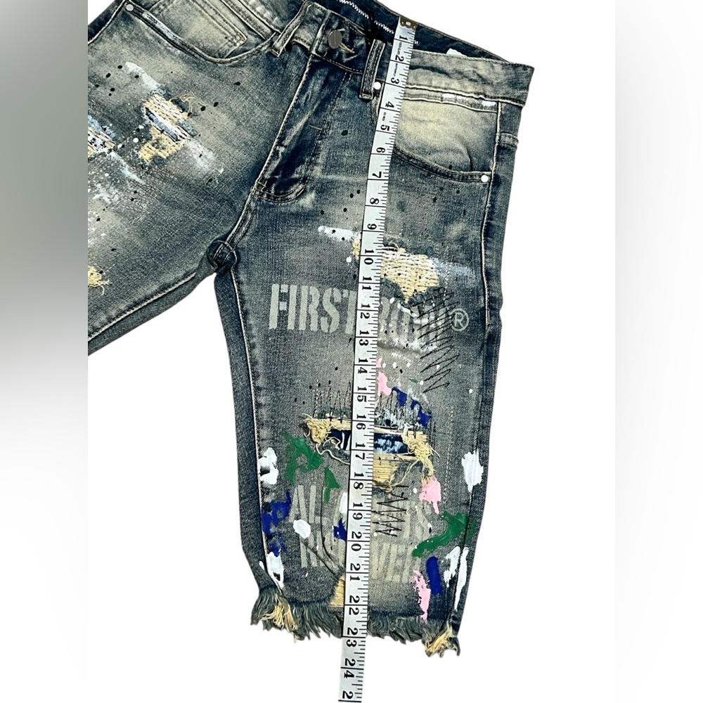 First Row Distressed Ripped Denim Jean Shorts Men’s Paint Splatter Jorts size 30 - Picture 6 of 12